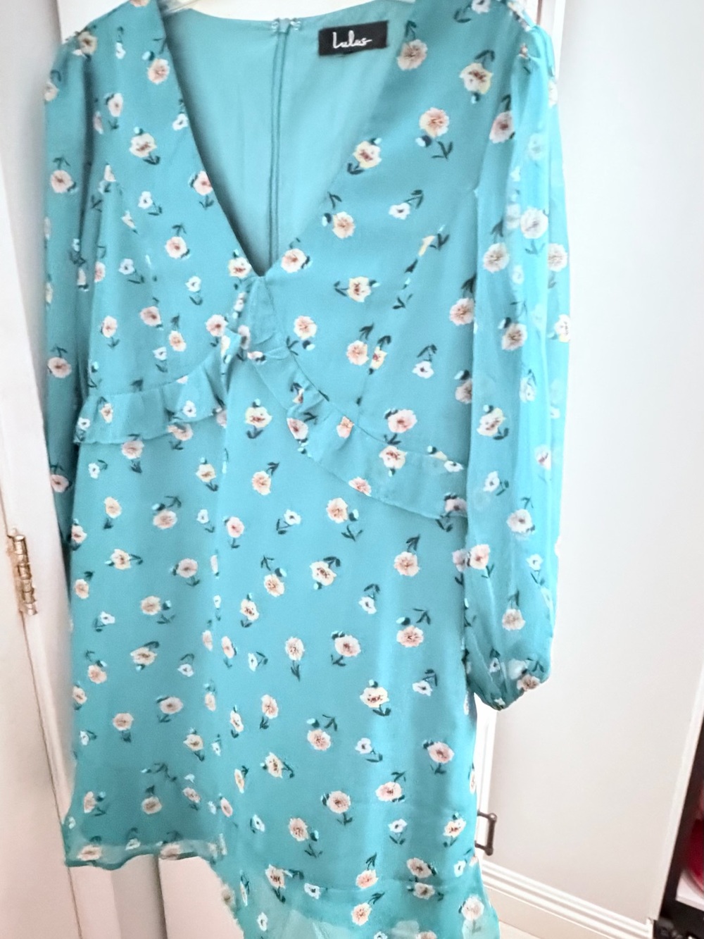 Lulu's Teal Floral V-Neck Long Sleeve Dress